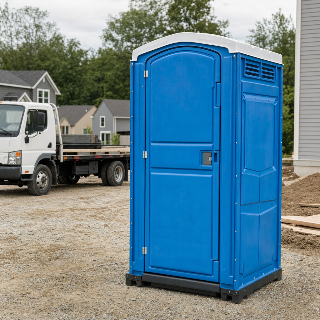 Delivery driver positioning a clean royal-blue portable toilet on level ground at a Fort Lauderdale worksite