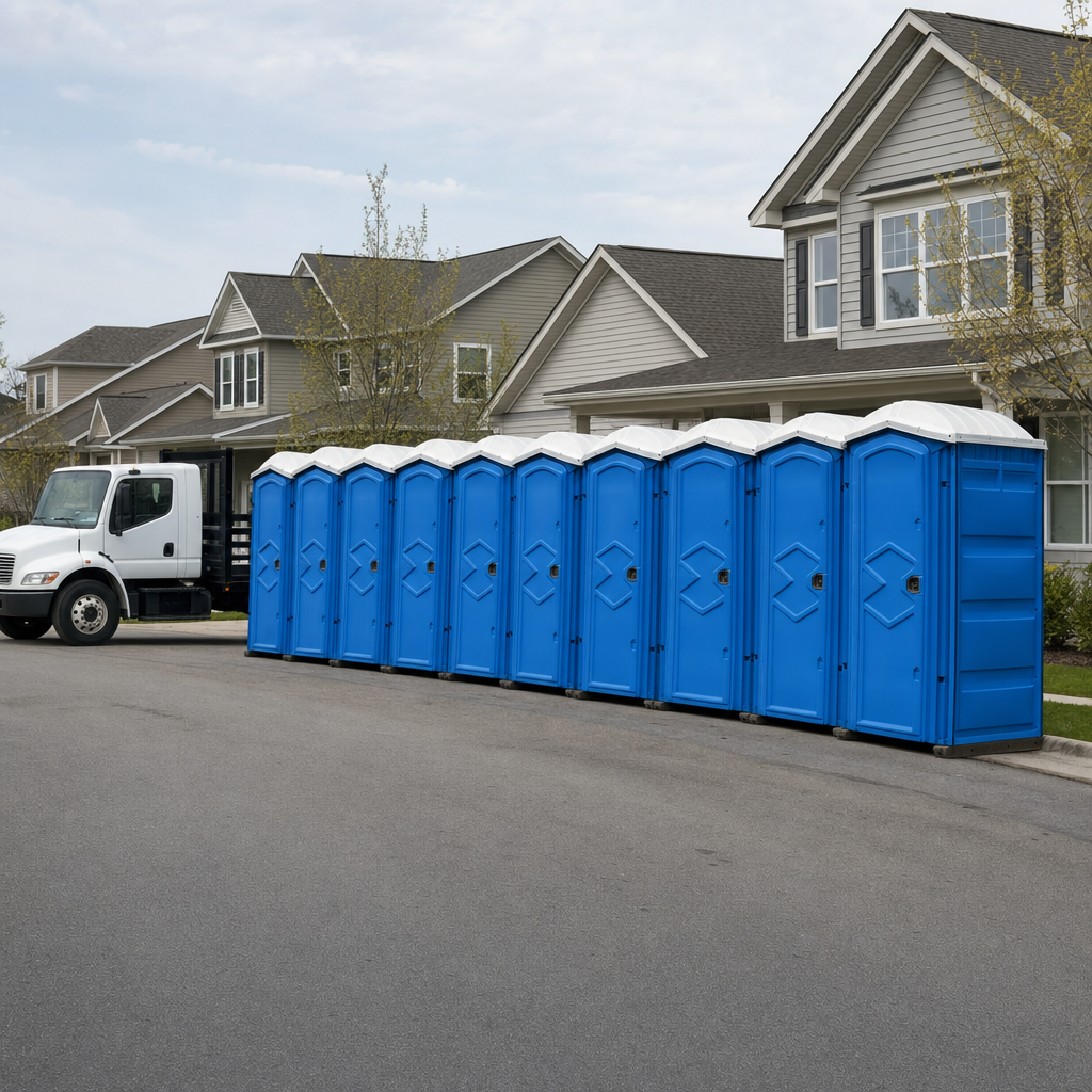Royal blue portable toilets staged in a tidy row at a Fort Lauderdale jobsite, ready for delivery